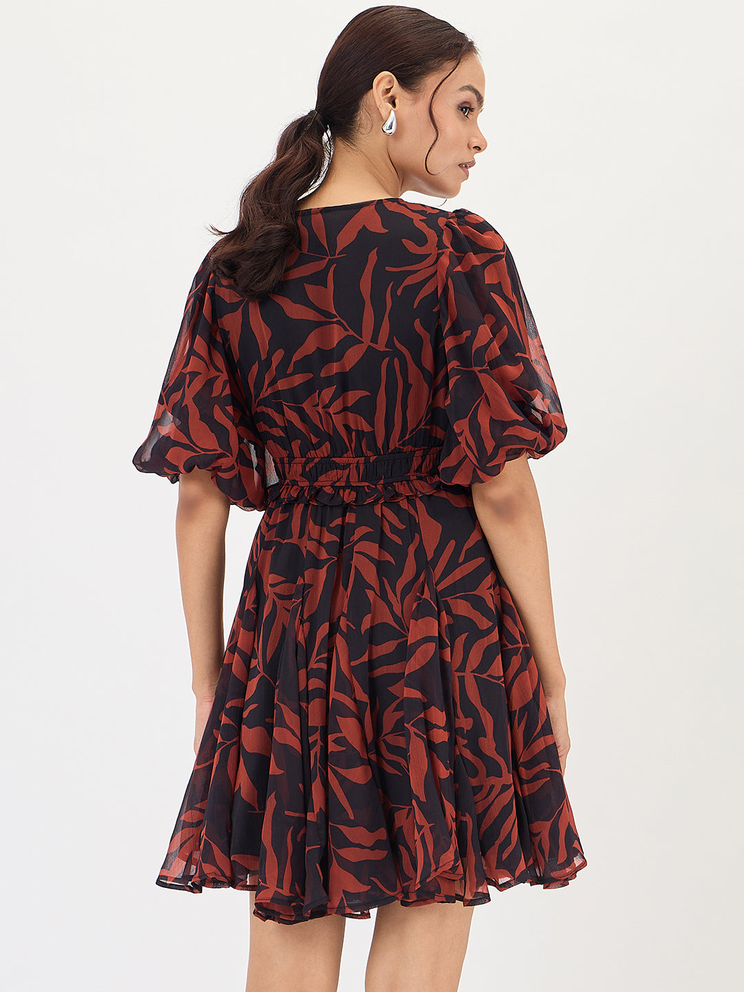 Black And Brown Leaf Printed Mini Dress