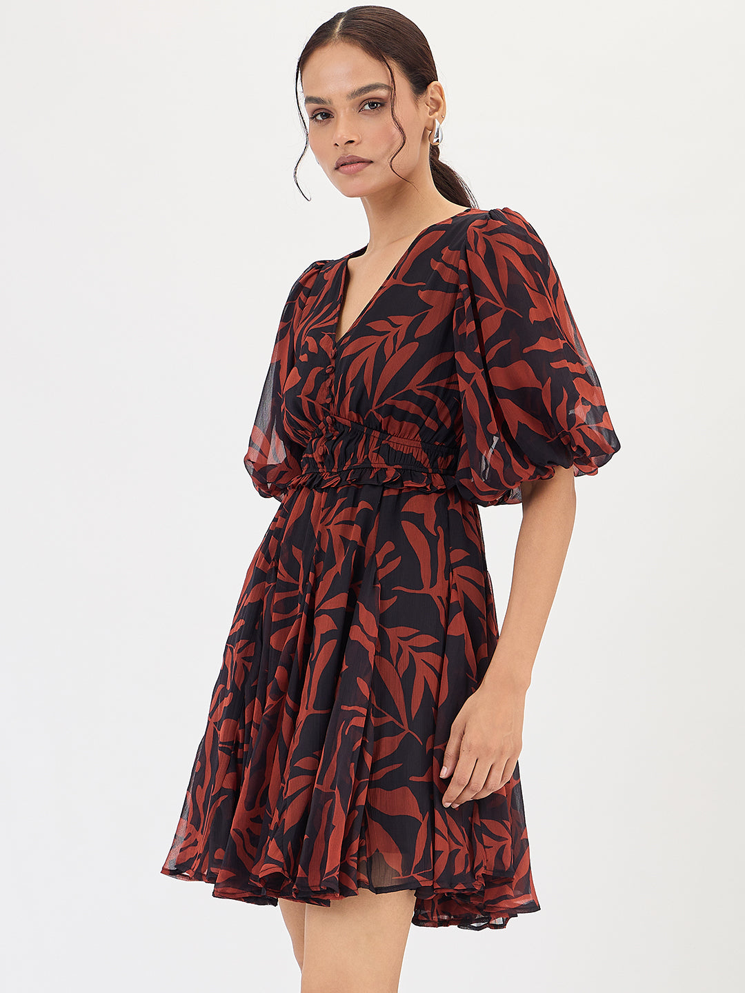 Black And Brown Leaf Printed Mini Dress