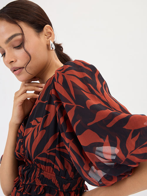 Black And Brown Leaf Printed Mini Dress