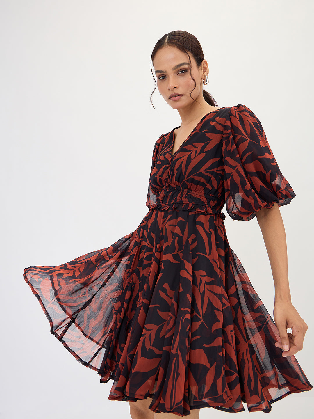 Black And Brown Leaf Printed Mini Dress