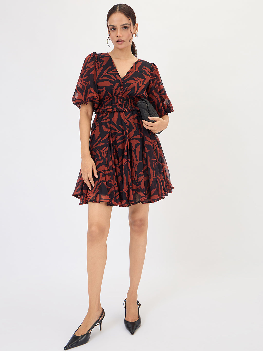 Black And Brown Leaf Printed Mini Dress