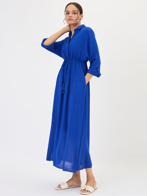 Royal Blue Crinkled Shirt Maxi Dress