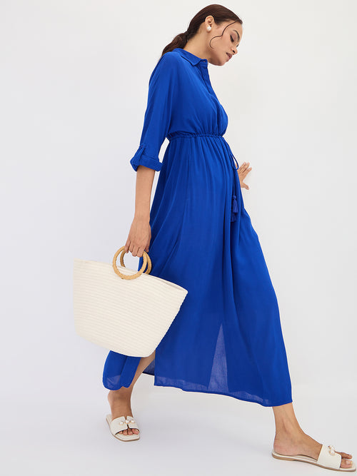 Royal Blue Crinkled Shirt Maxi Dress