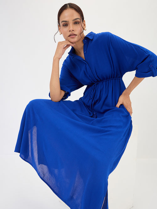 Royal Blue Crinkled Shirt Maxi Dress