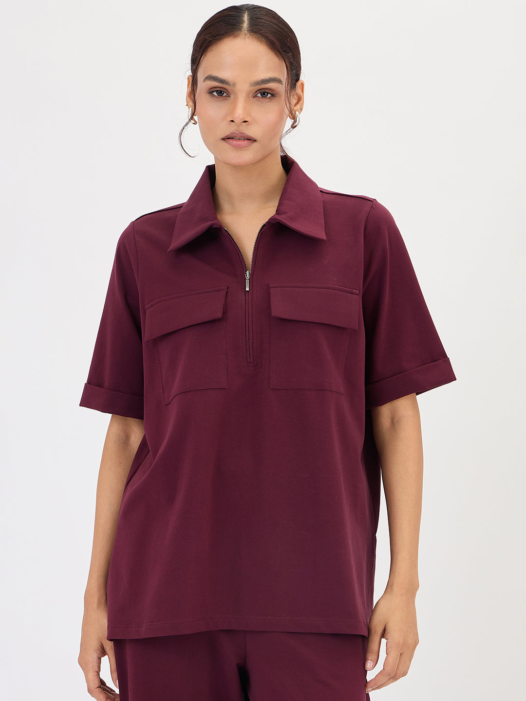 Wine Half Zip Up Travel Top