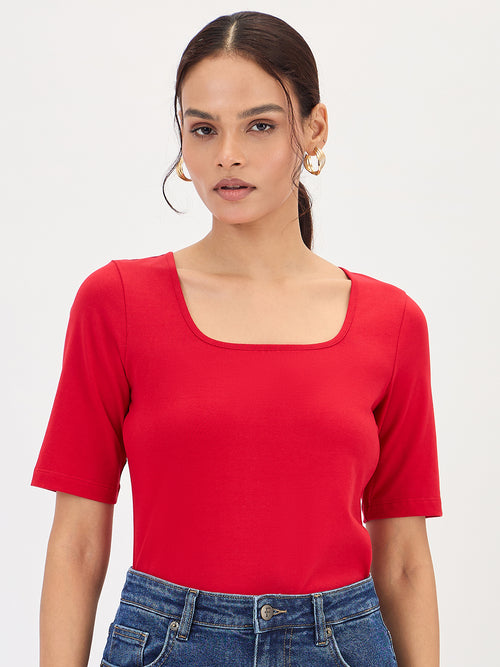 Red Cotton Knit Bodysuit