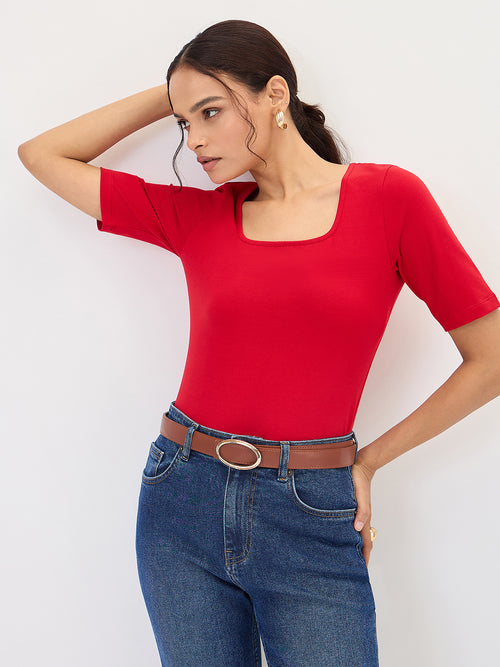 Red Cotton Knit Bodysuit