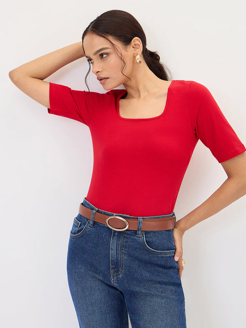 Red Cotton Knit Bodysuit