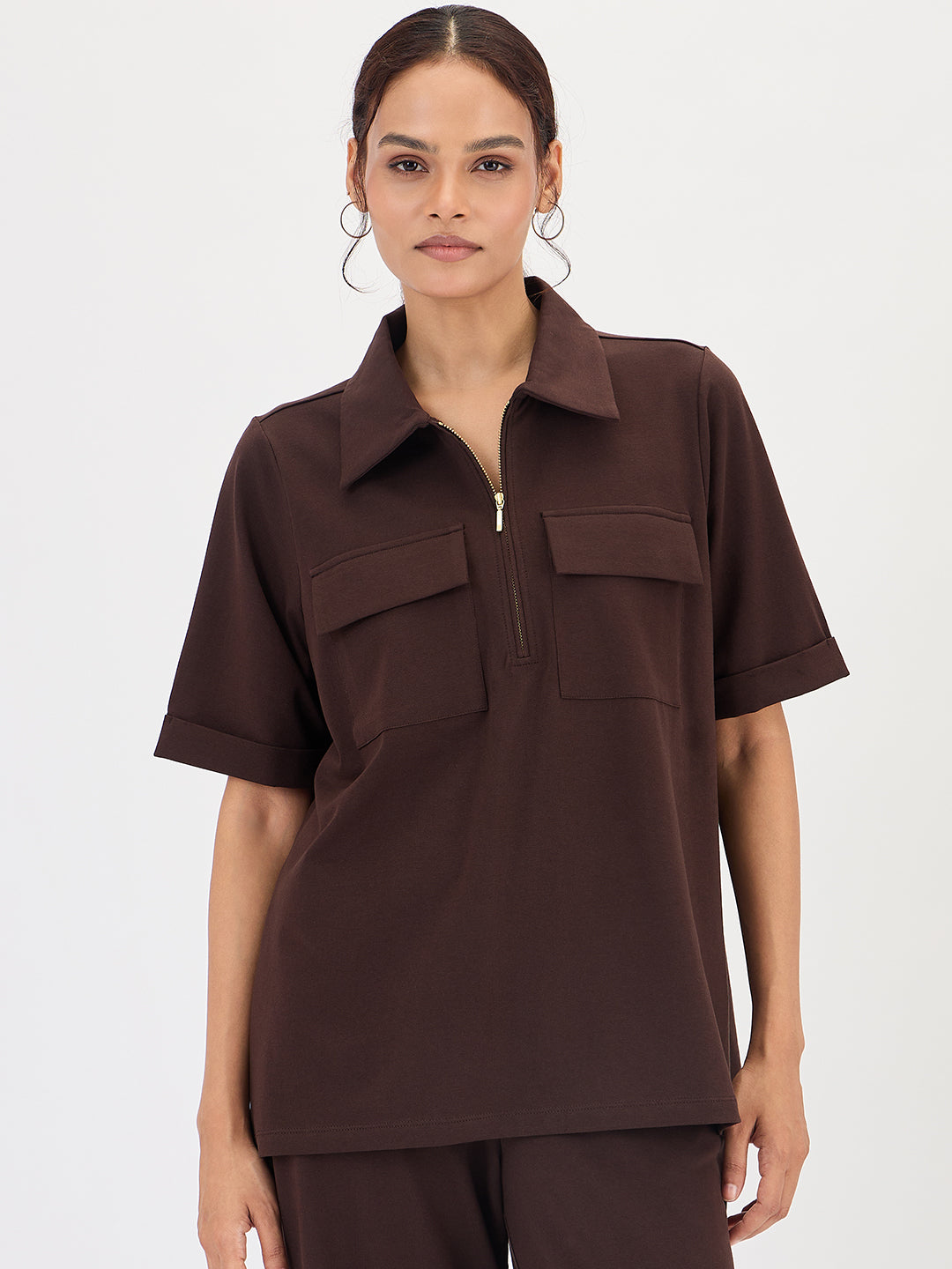 Brown Half Zip Up Travel Top