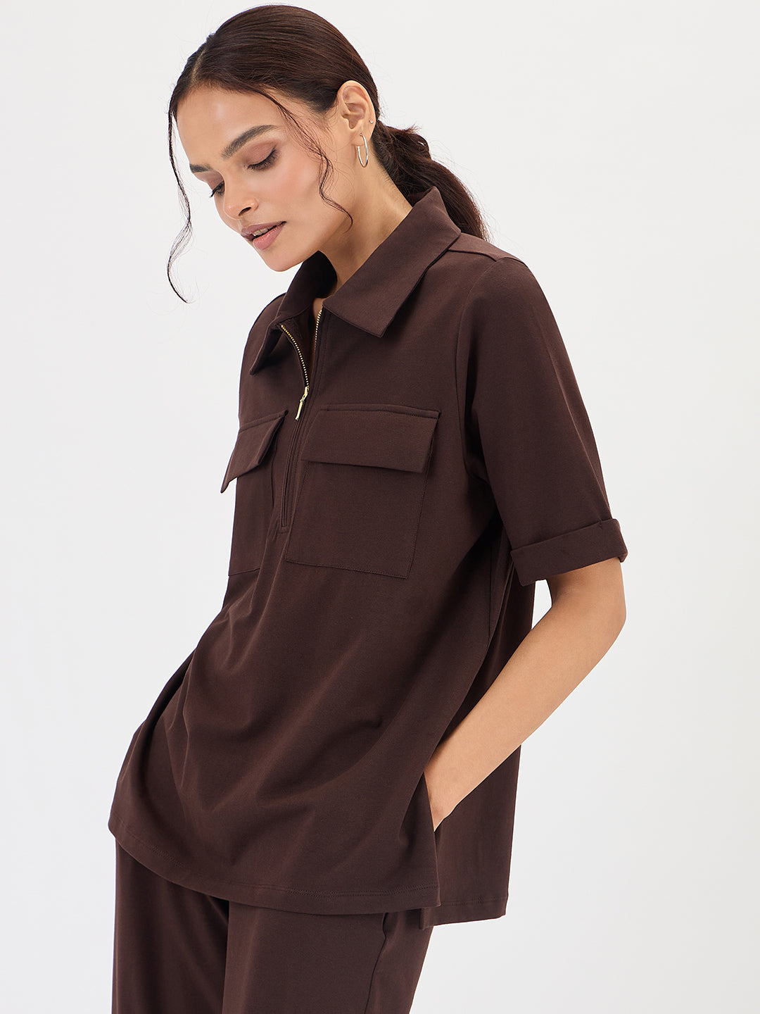 Brown Half Zip Up Travel Top