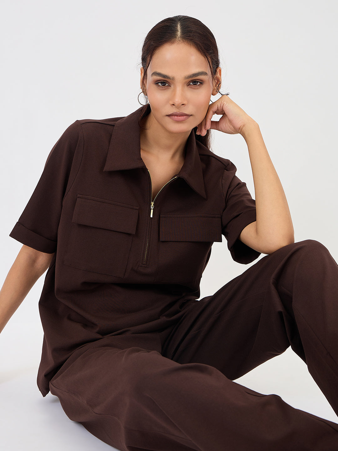 Brown Half Zip Up Travel Top