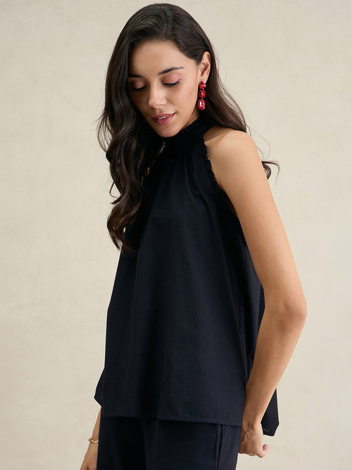Black Cotton Halter Neck Top
