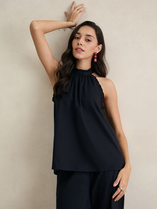 Black Cotton Halter Neck Top