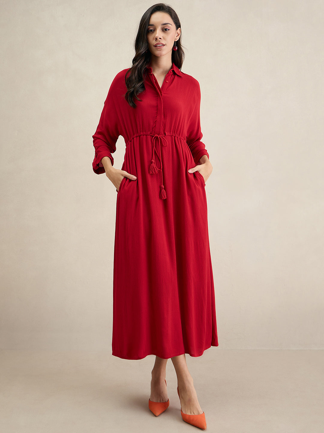 Cranberry Crinkle Shirt Maxi Dress