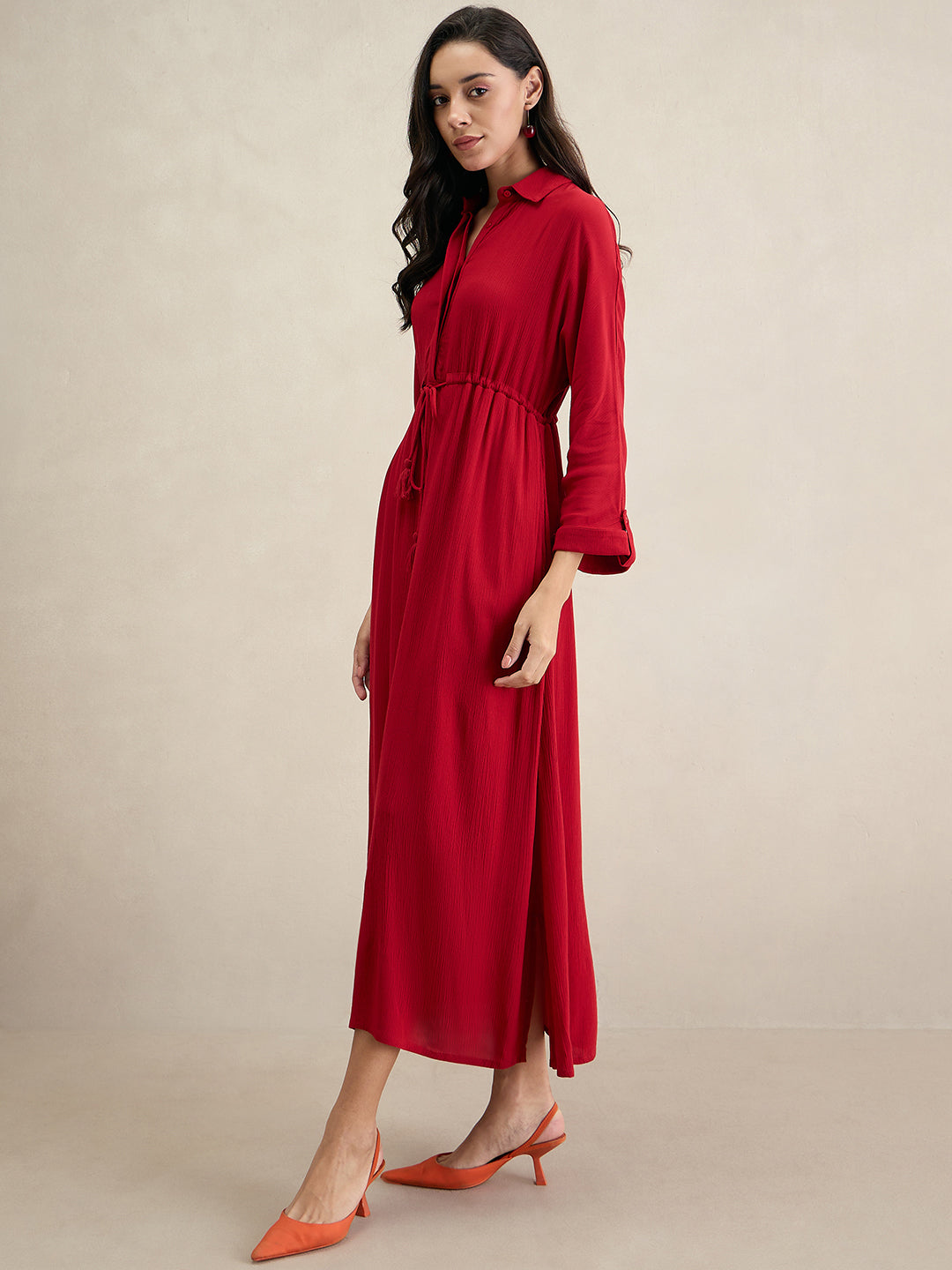 Cranberry Crinkle Shirt Maxi Dress