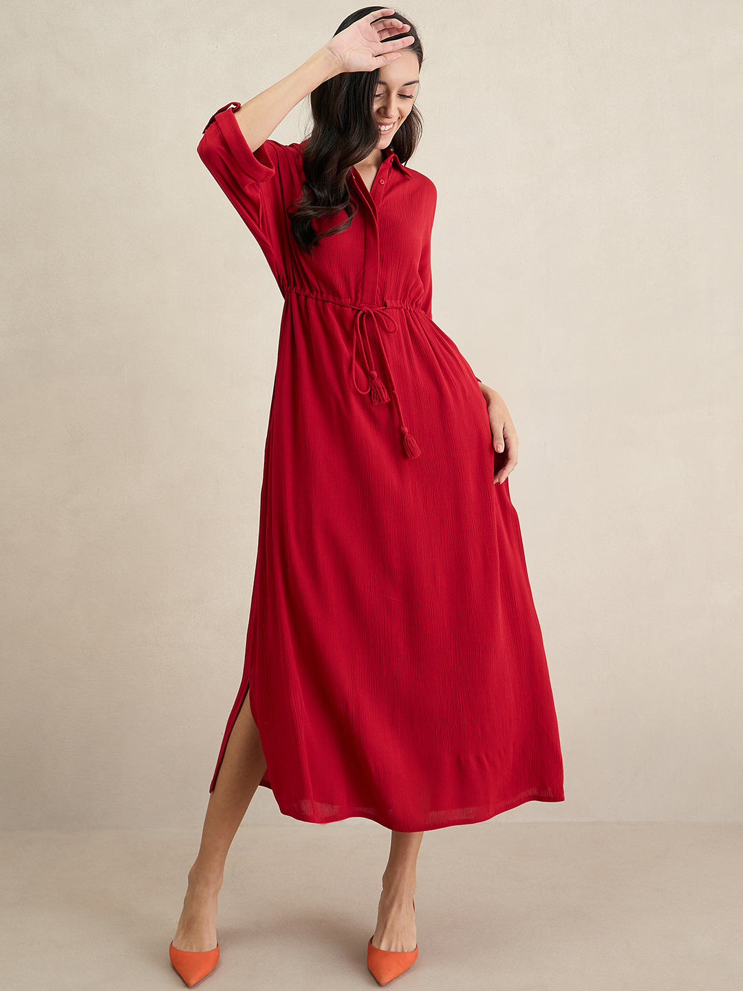 Cranberry Crinkle Shirt Maxi Dress