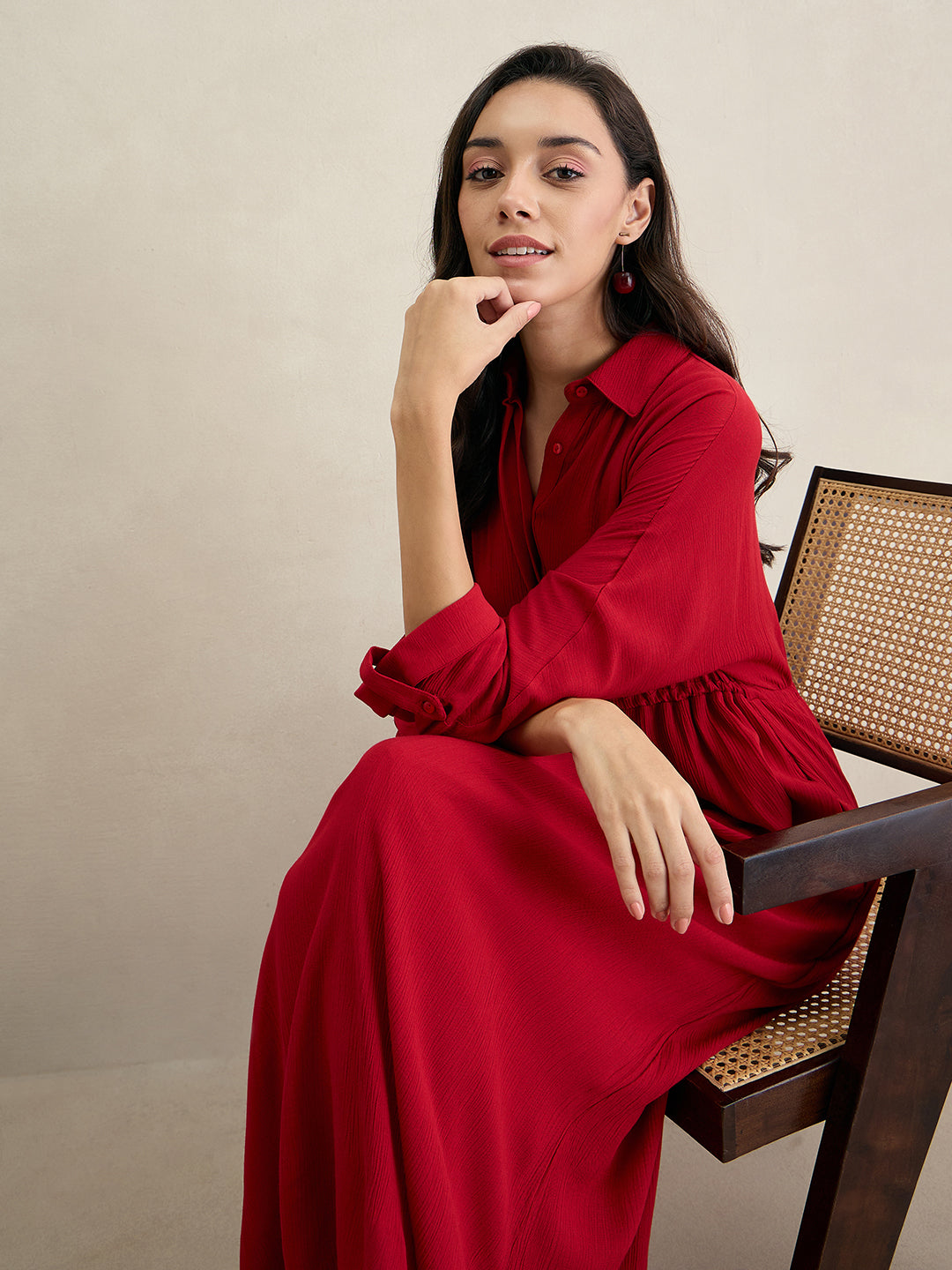 Cranberry Crinkle Shirt Maxi Dress