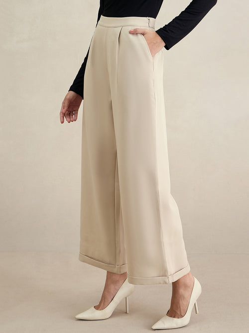 Beige Wide Legged Bottom Fold Up Detail Trousers