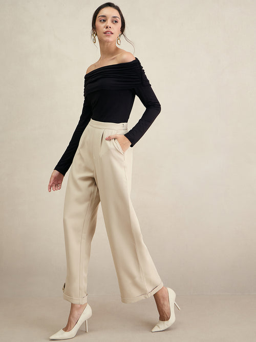 Beige Wide Legged Bottom Fold Up Detail Trousers