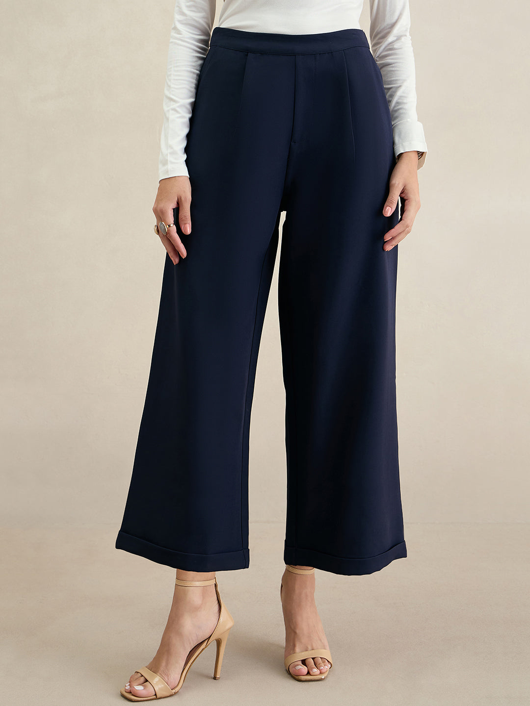 Navy Wide Legged Bottom Fold Up Detail Trousers