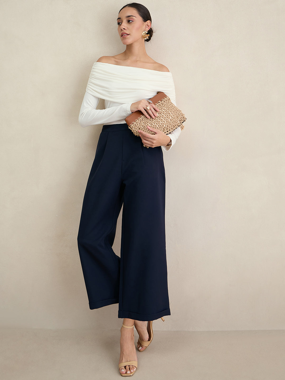 Navy Wide Legged Bottom Fold Up Detail Trousers