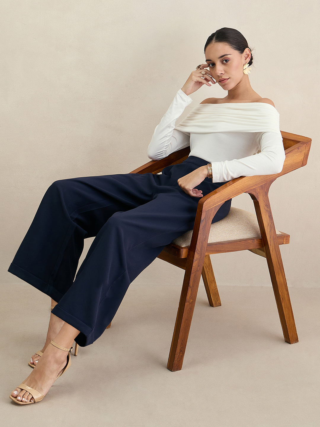Navy Wide Legged Bottom Fold Up Detail Trousers