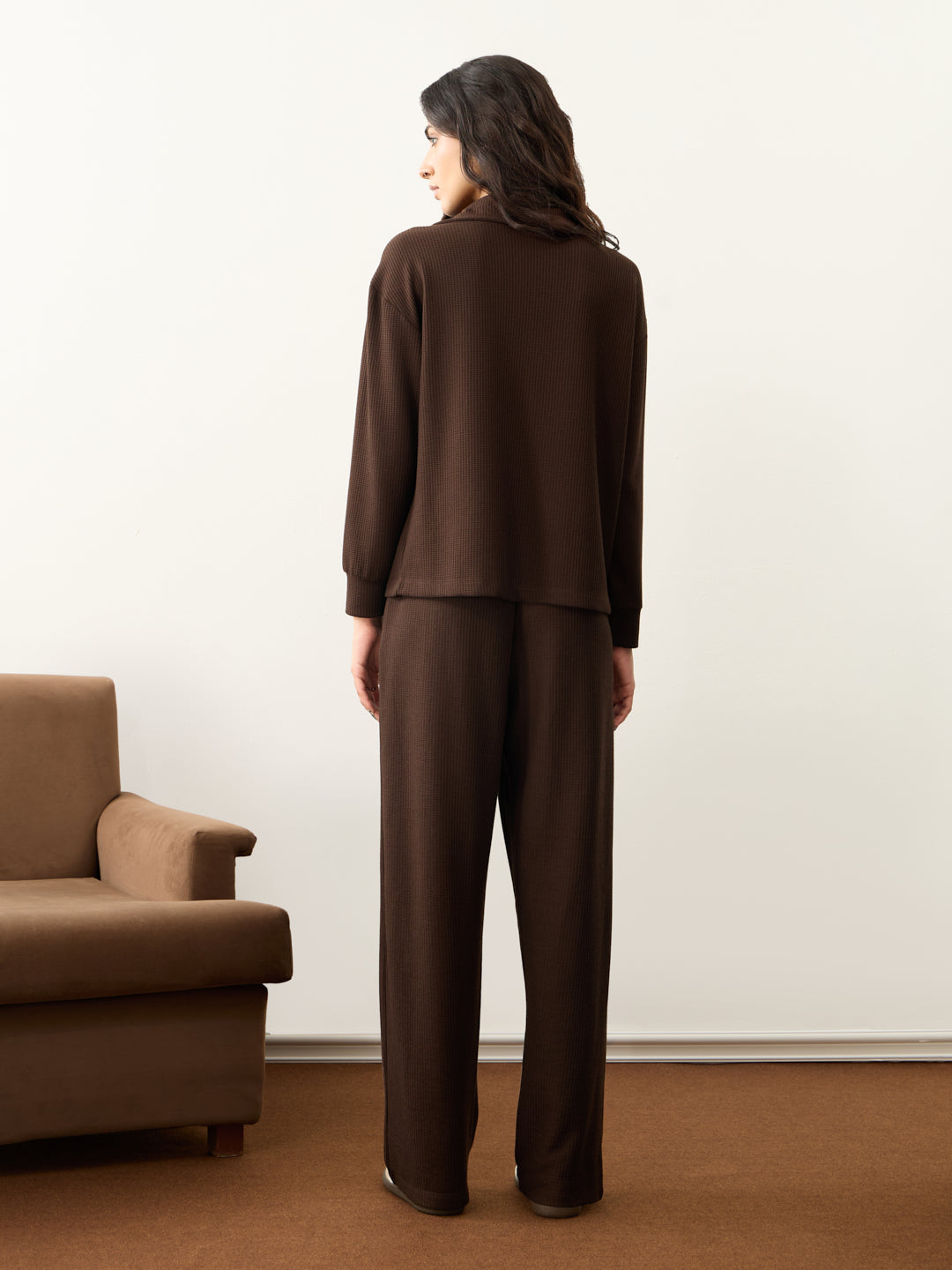 Brown Waffle Zip Yoke Detail Co-Ord Set