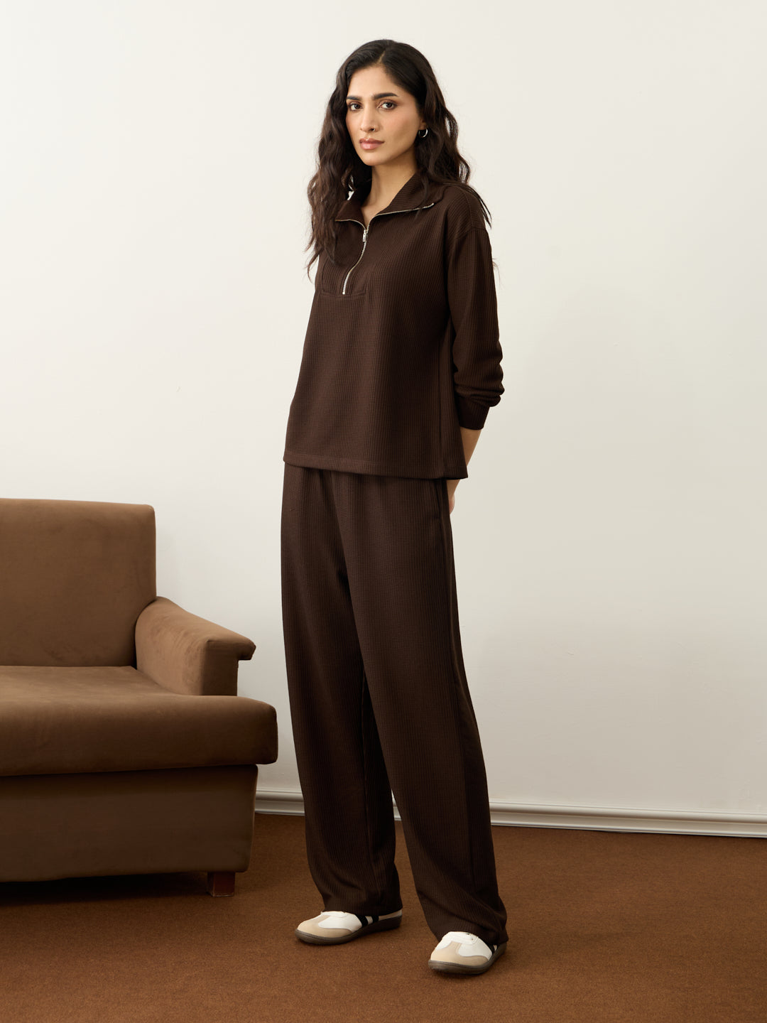 Brown Waffle Zip Yoke Detail Co-Ord Set