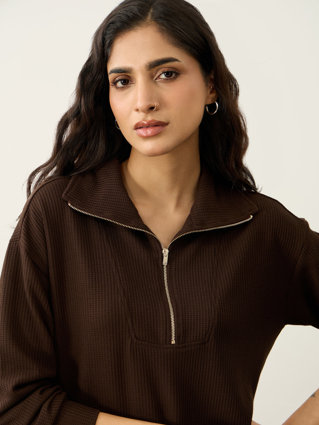 Brown Waffle Zip Yoke Detail Co-Ord Set