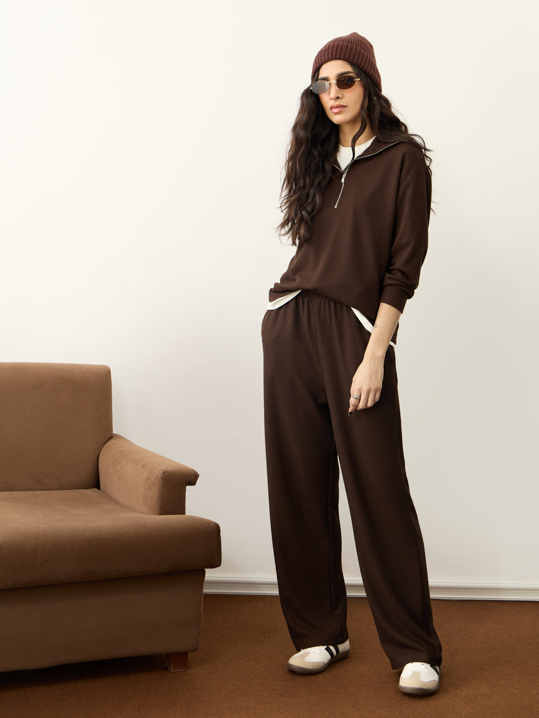 Brown Waffle Zip Yoke Detail Co-Ord Set