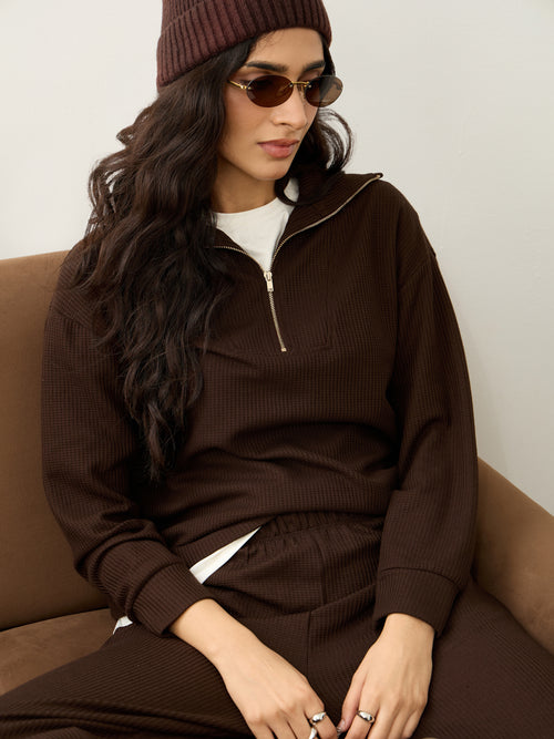 Brown Waffle Zip Yoke Detail Co-Ord Set