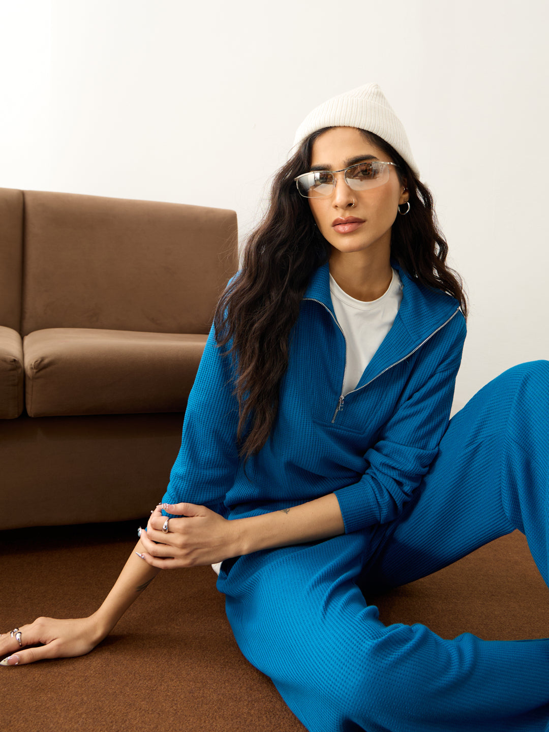 French Blue Waffle Zip Yoke Detail Co-Ord Set