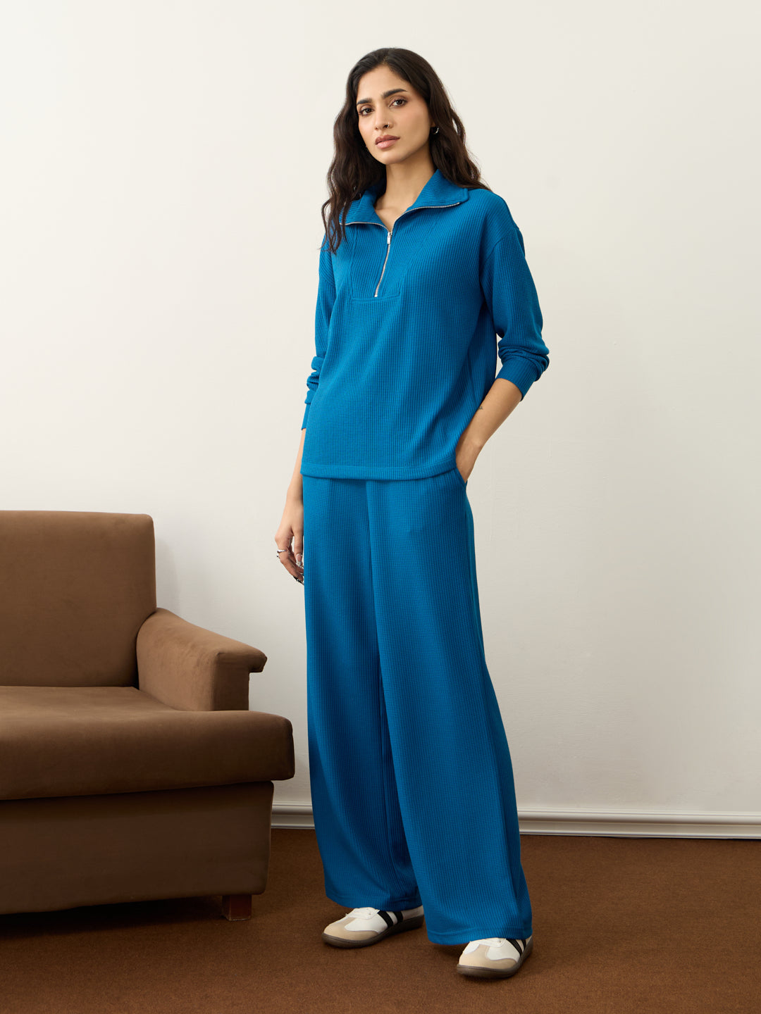 French Blue Waffle Zip Yoke Detail Co-Ord Set