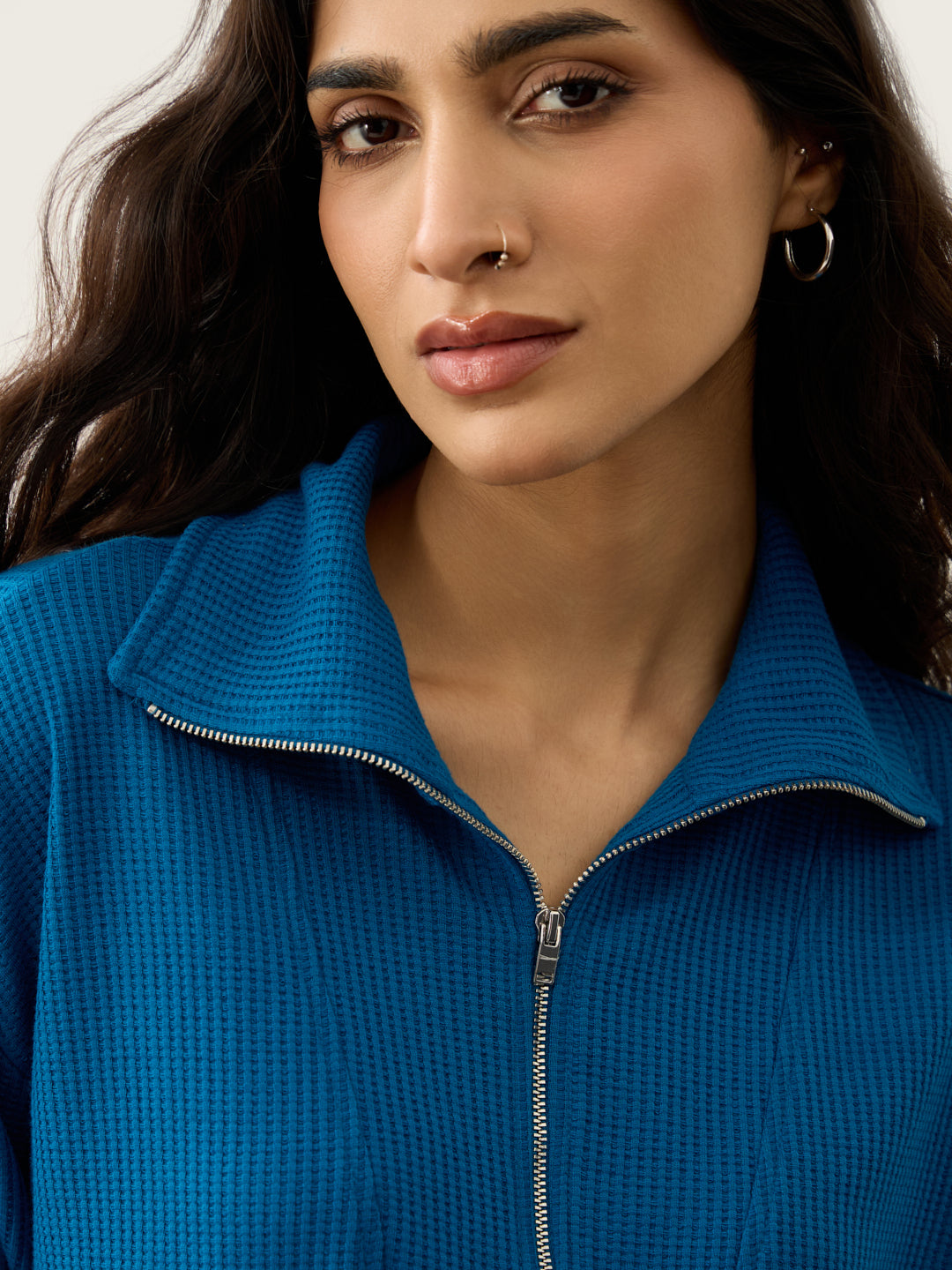French Blue Waffle Zip Yoke Detail Co-Ord Set