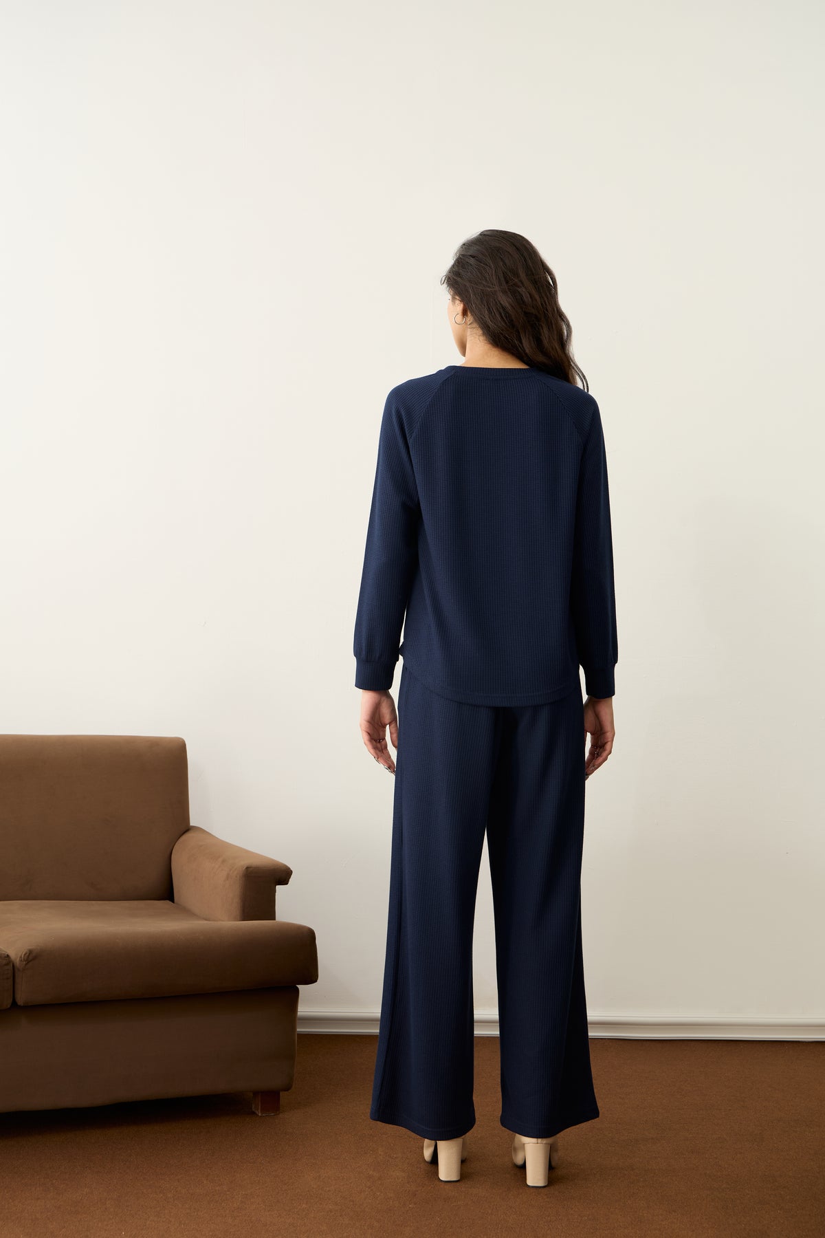 Navy Waffle Crew Neck Co-Ord Set