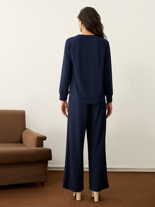 Navy Waffle Crew Neck Co-Ord Set
