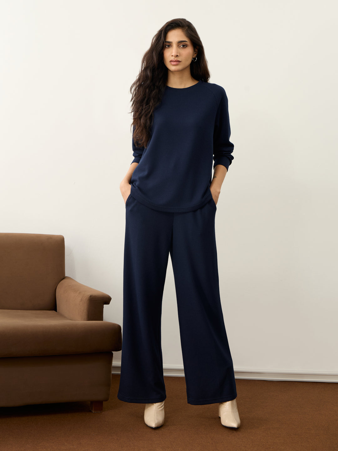 Navy Waffle Crew Neck Co-Ord Set