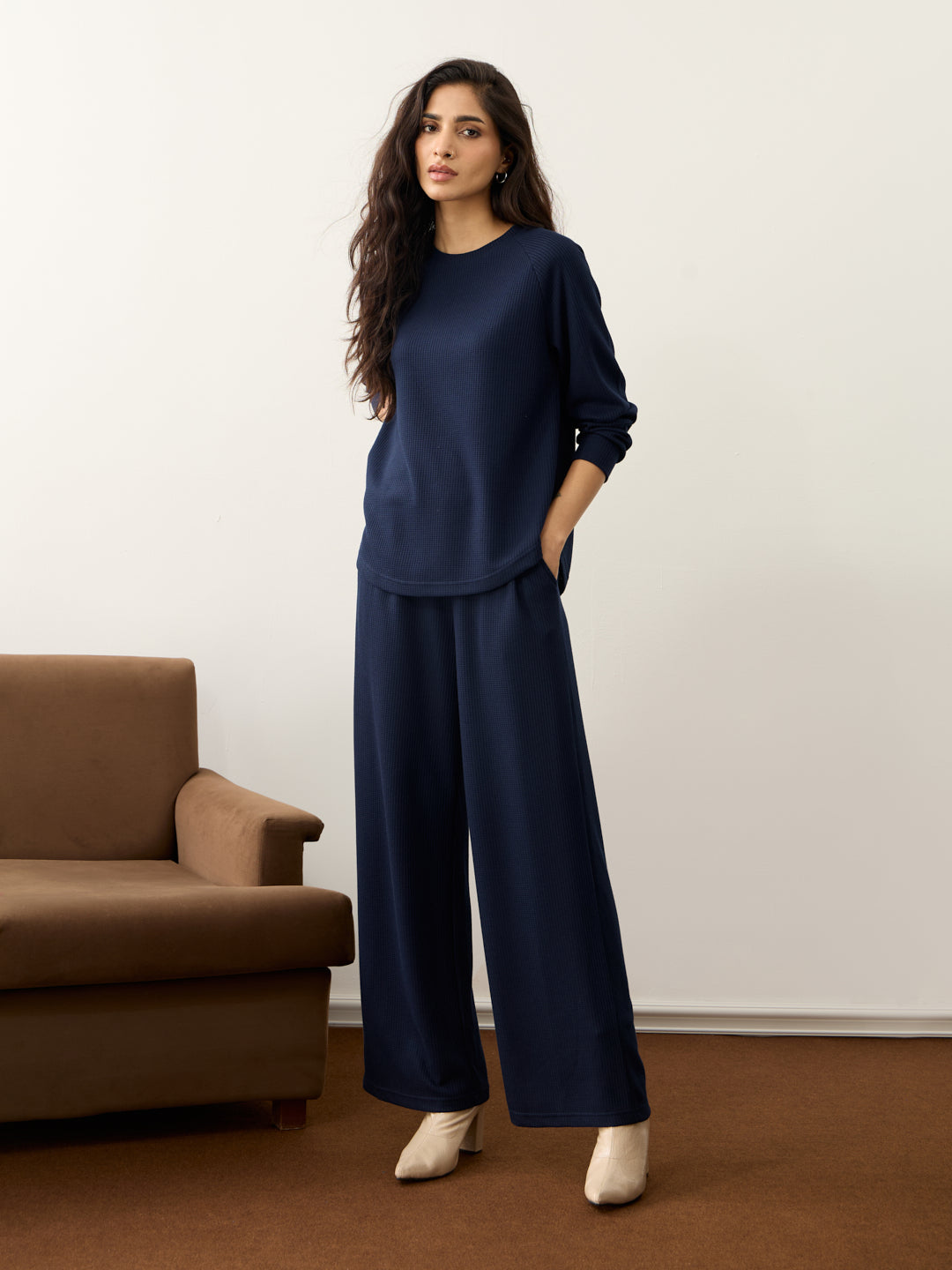 Navy Waffle Crew Neck Co-Ord Set