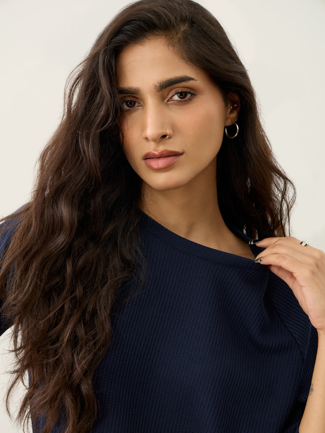 Navy Waffle Crew Neck Co-Ord Set