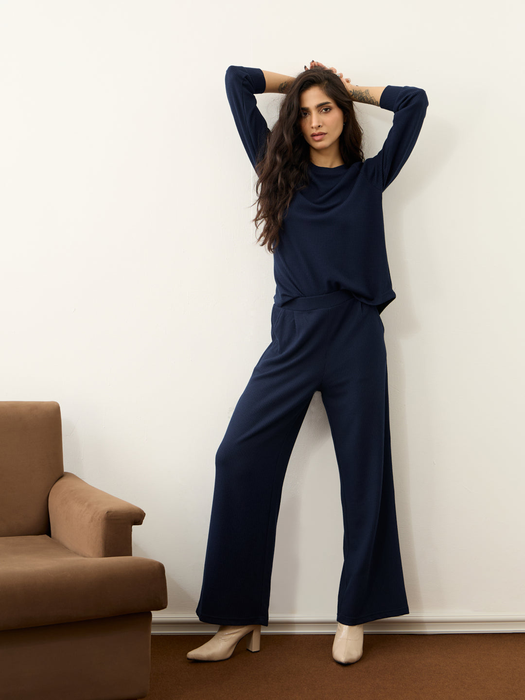 Navy Waffle Crew Neck Co-Ord Set