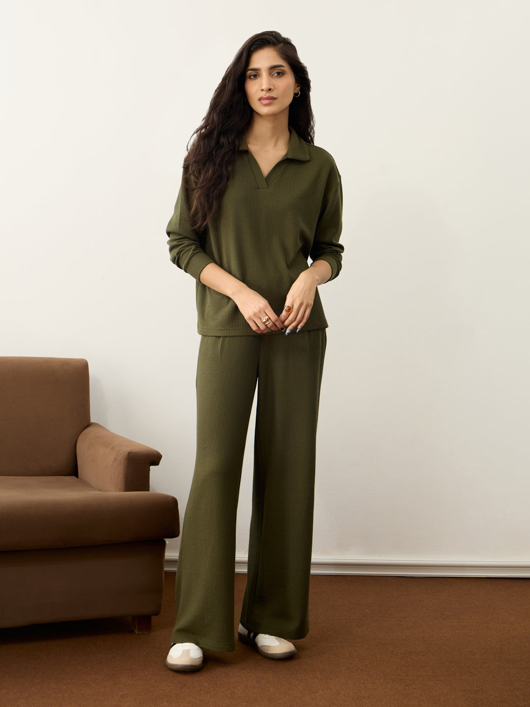 Olive Waffle Collared Co-Ord Set