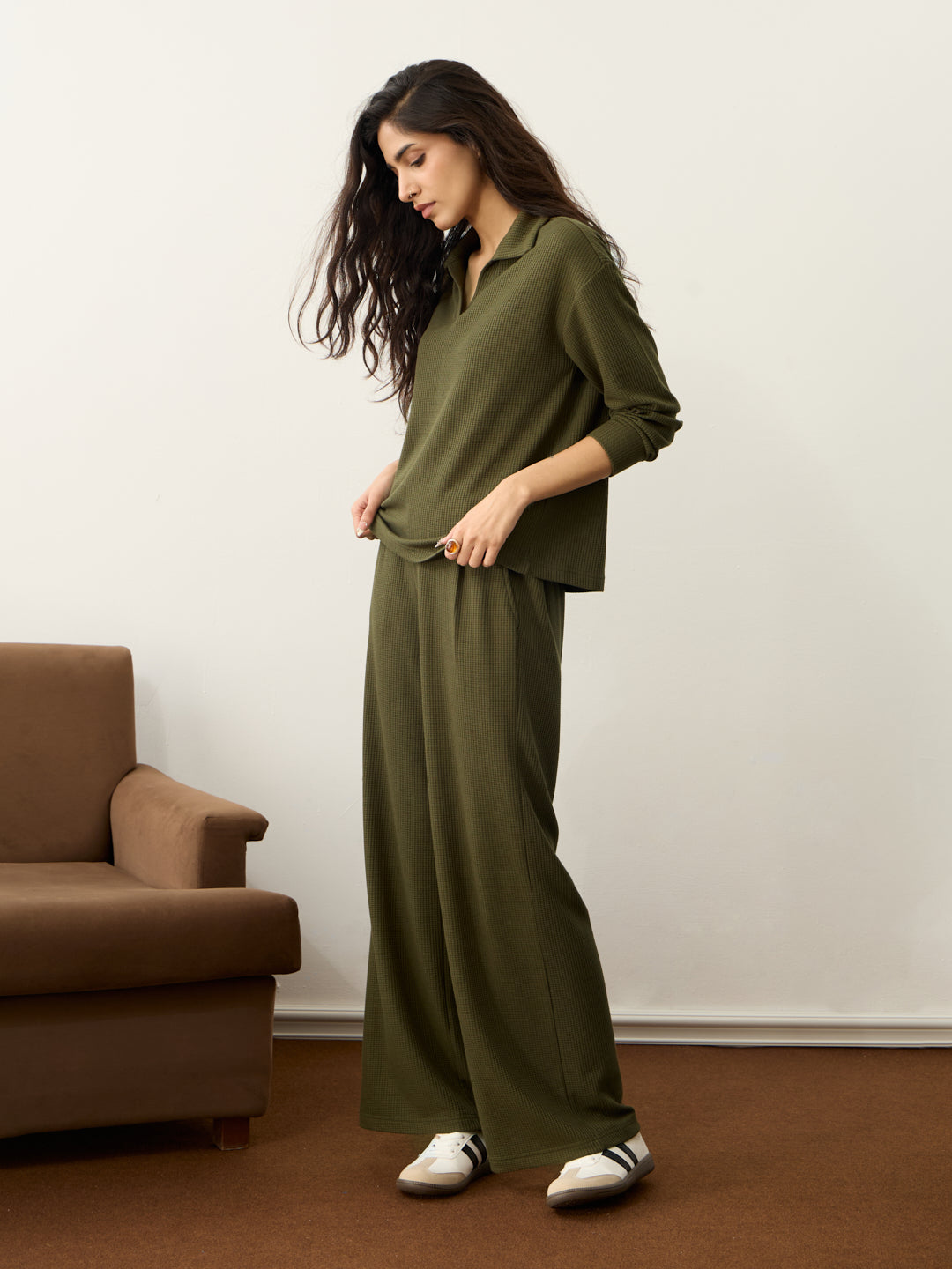 Olive Waffle Collared Co-Ord Set