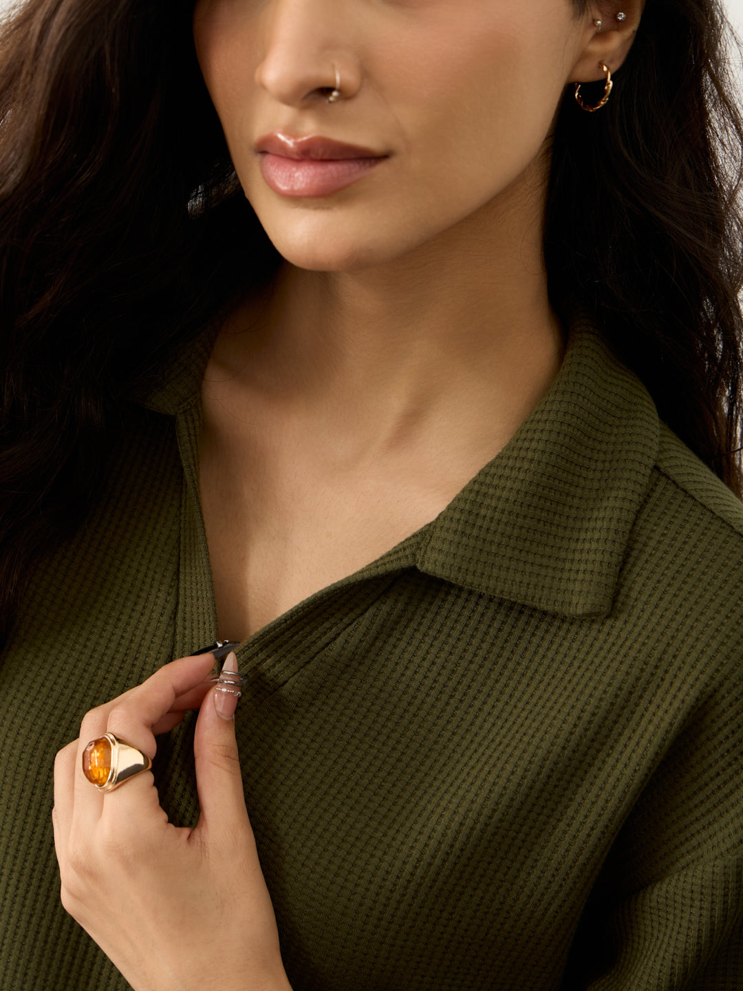 Olive Waffle Collared Co-Ord Set