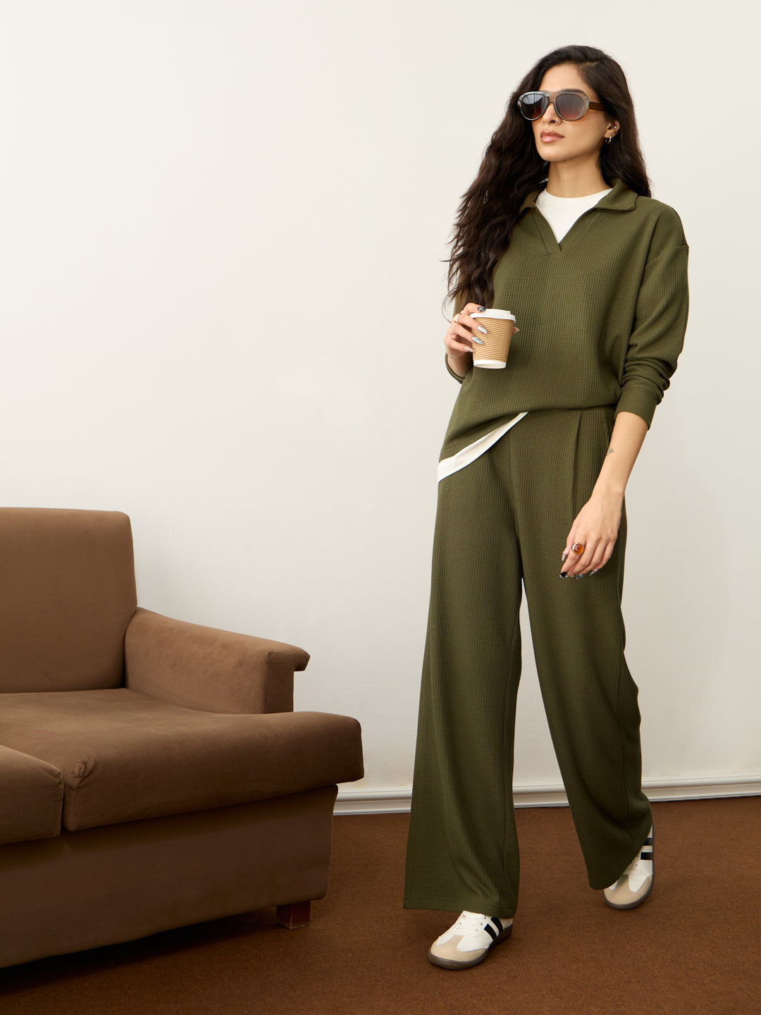 Olive Waffle Collared Co-Ord Set