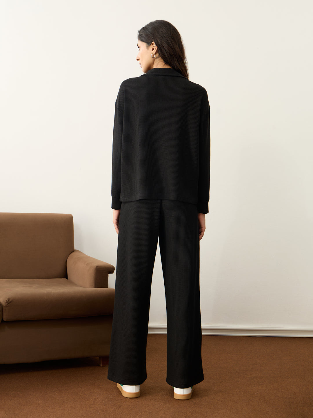 Black Waffle Collared Co-Ord Set