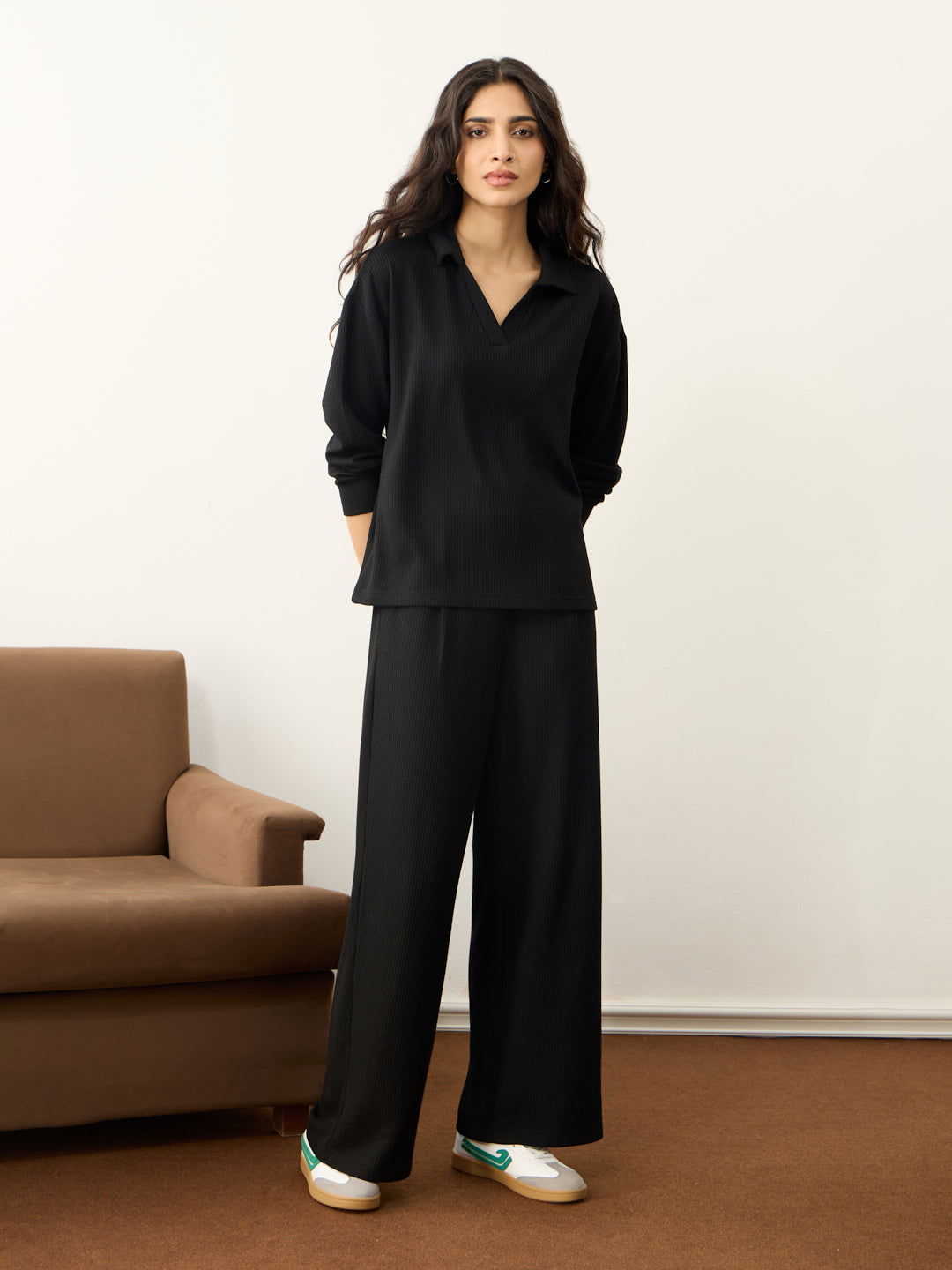 Black Waffle Collared Co-Ord Set