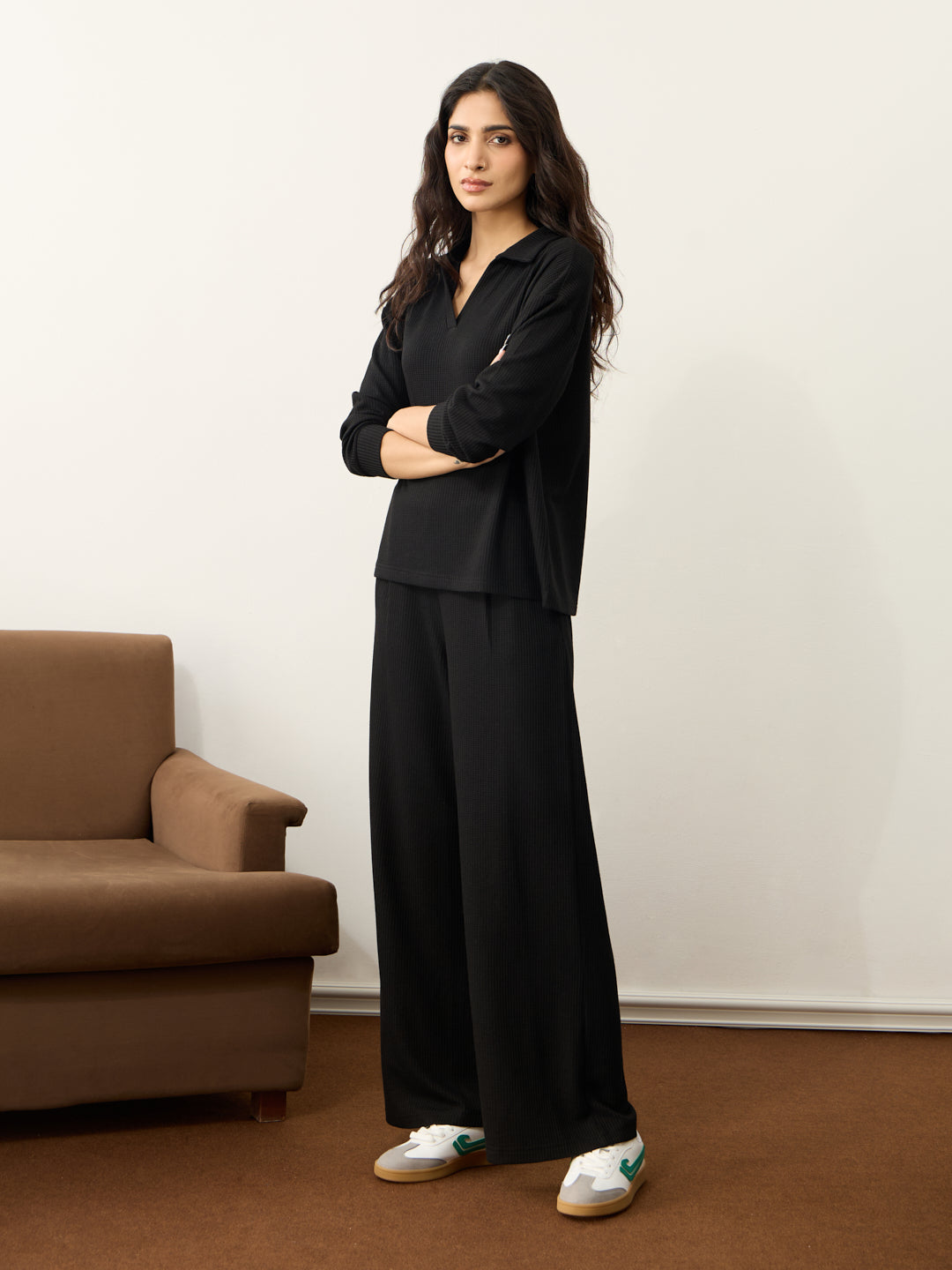 Black Waffle Collared Co-Ord Set