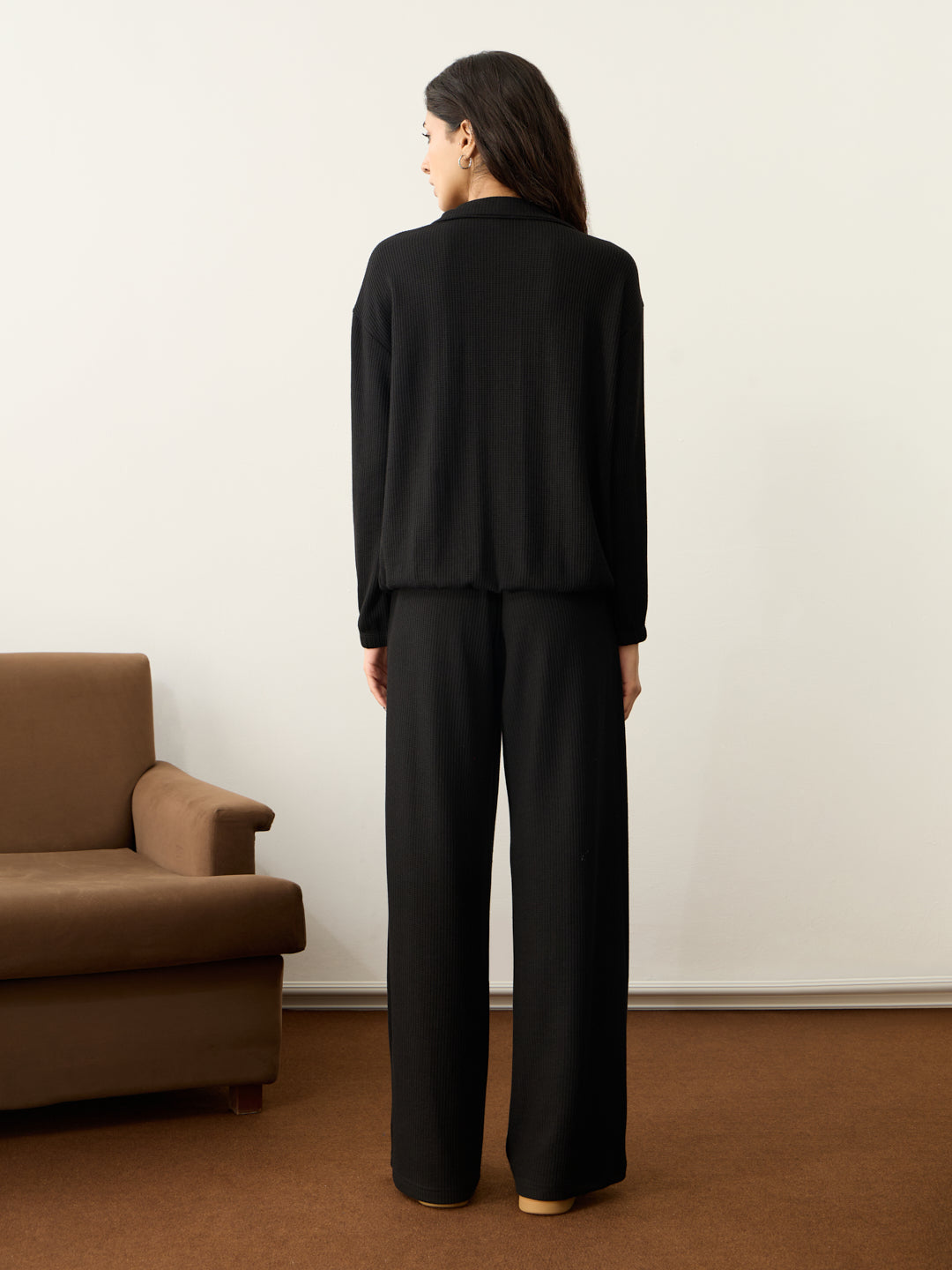 Black Waffle Half Zip Up Co-Ord Set