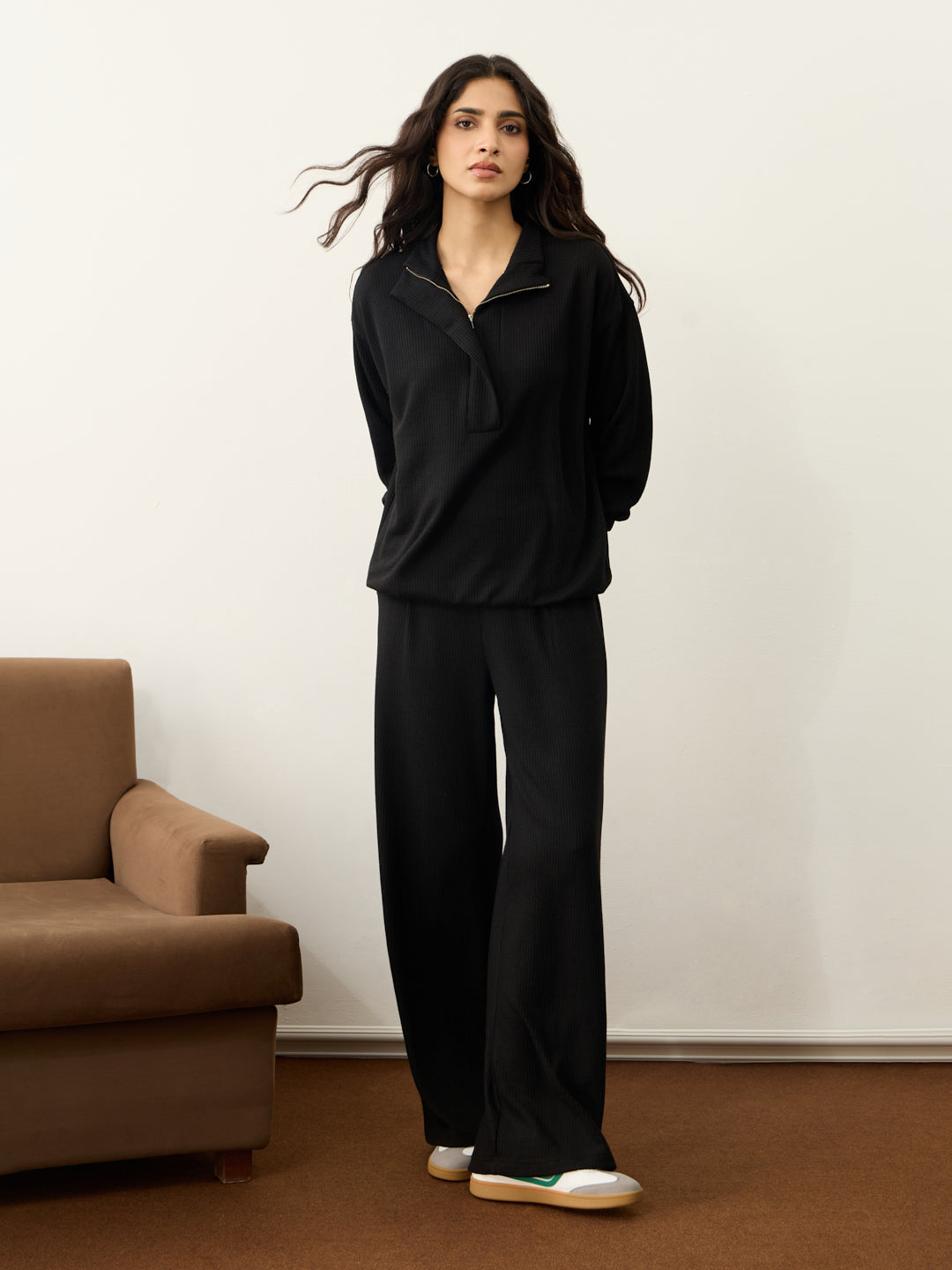 Black Waffle Half Zip Up Co-Ord Set