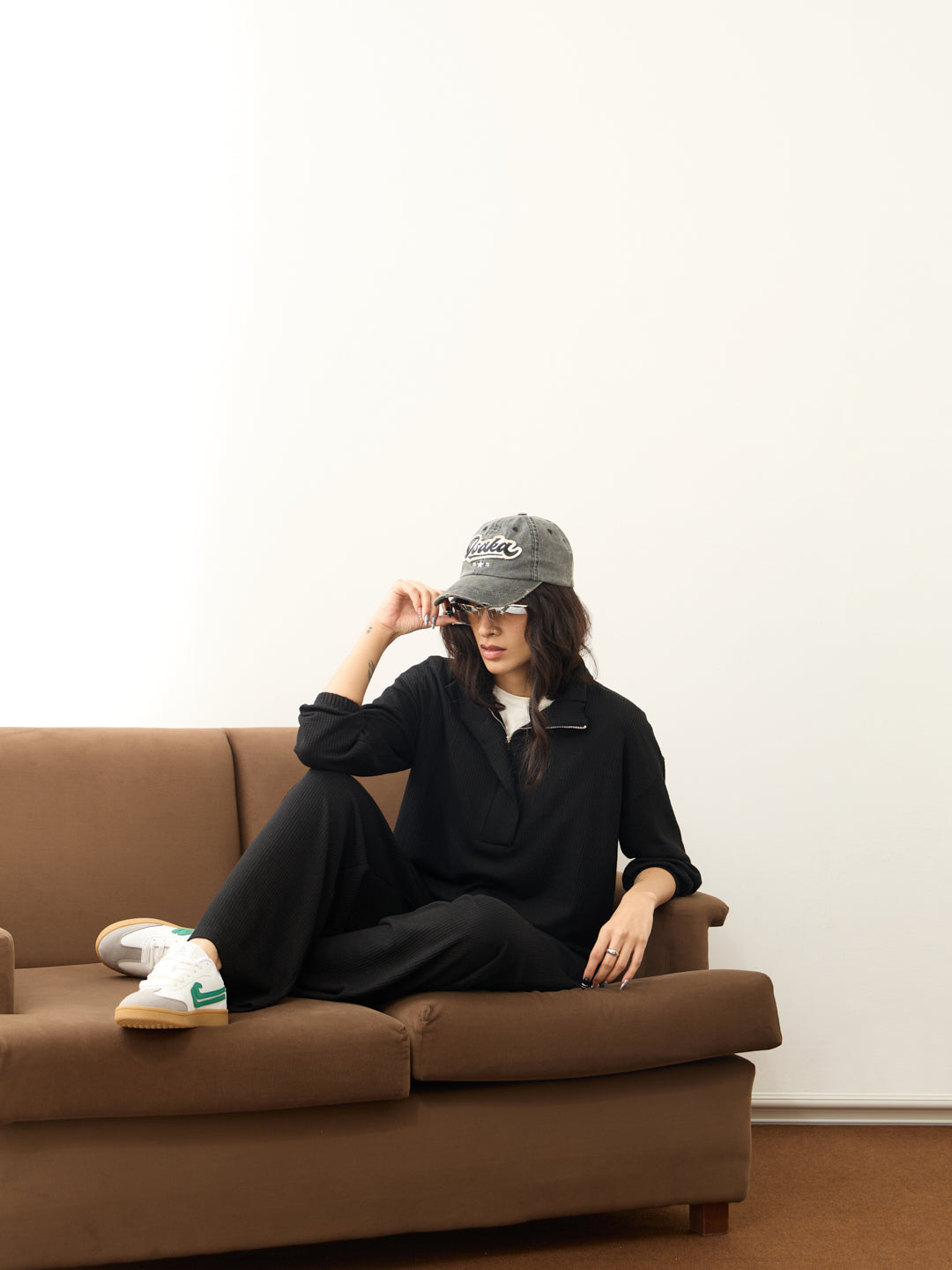 Black Waffle Half Zip Up Co-Ord Set